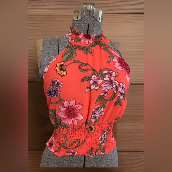 Guess Floral Tank Red Orange Crop Top Ruched Hem Blouse Size XS Choker Neck - Picture 1 of 9